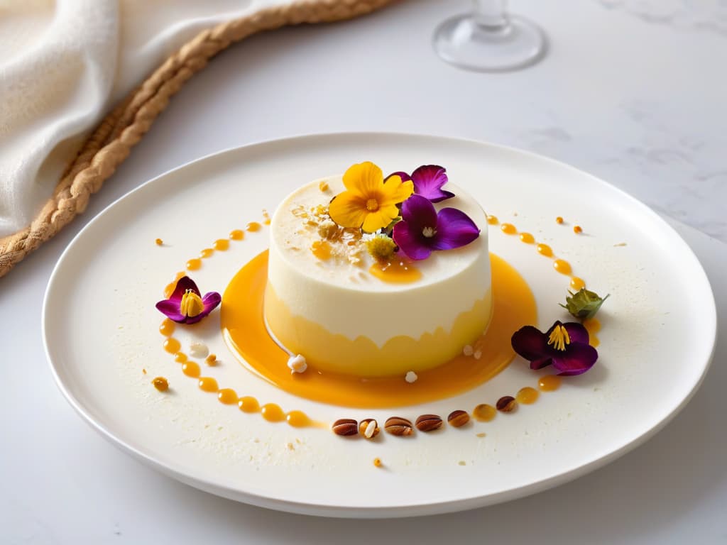  An ultradetailed closeup image of a beautifully plated Fufu y miel dessert, showcasing the smooth, creamy fufu topped with a generous drizzle of golden honey, garnished with delicate edible flowers and a sprinkle of crushed nuts. The dish is presented on a sleek, modern, white ceramic plate, set against a minimalist backdrop to highlight the textures and colors of the dessert. hyperrealistic, full body, detailed clothing, highly detailed, cinematic lighting, stunningly beautiful, intricate, sharp focus, f/1. 8, 85mm, (centered image composition), (professionally color graded), ((bright soft diffused light)), volumetric fog, trending on instagram, trending on tumblr, HDR 4K, 8K