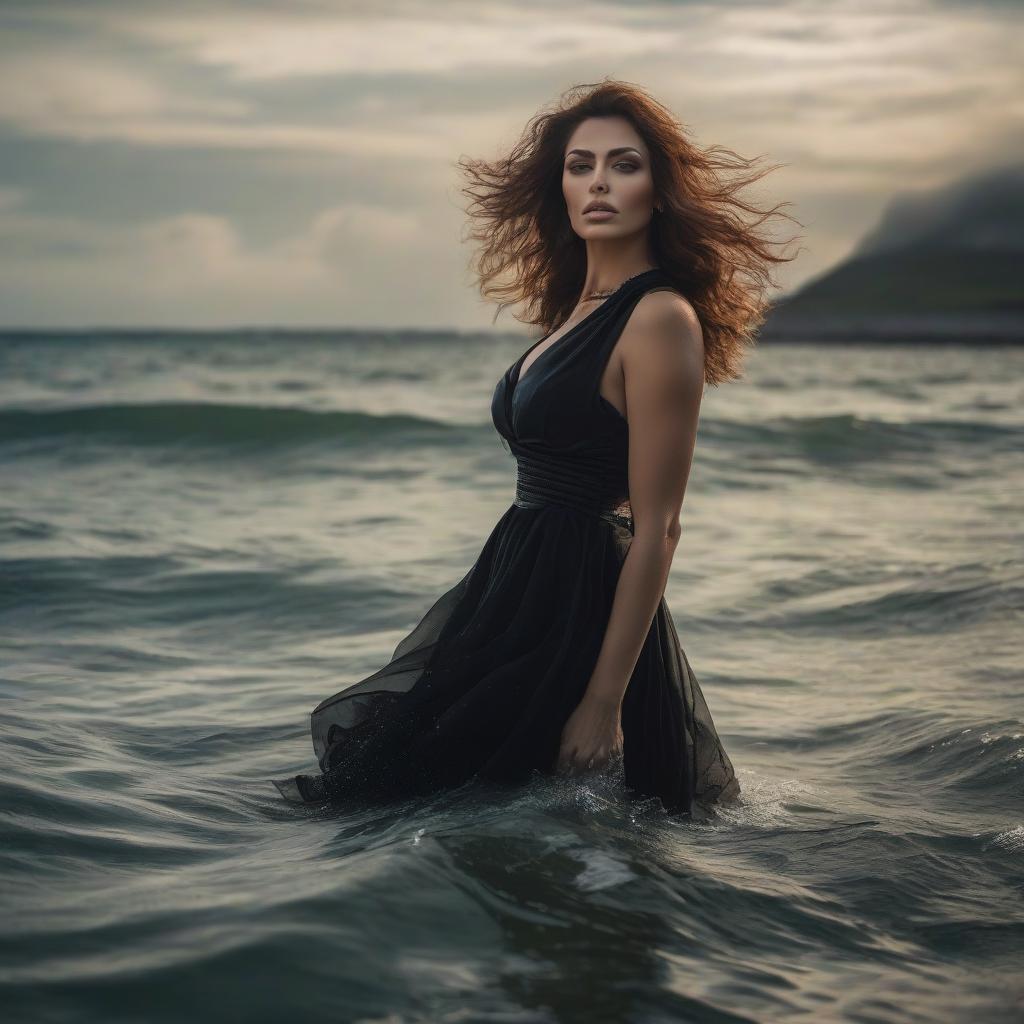  A vintage sad beauty in a black dress swims in the sea in the 1990s. hyperrealistic, full body, detailed clothing, highly detailed, cinematic lighting, stunningly beautiful, intricate, sharp focus, f/1. 8, 85mm, (centered image composition), (professionally color graded), ((bright soft diffused light)), volumetric fog, trending on instagram, trending on tumblr, HDR 4K, 8K