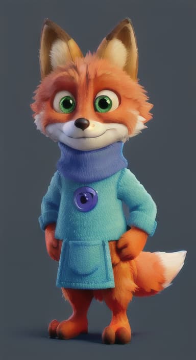  {Error the fox pressing the blue button with his paw, looking puzzled as nothing occurs., Error is a small, bright orange fox with a fluffy tail and big, inquisitive eyes. He has a mischievous yet kind expression and wears a tiny green scarf.