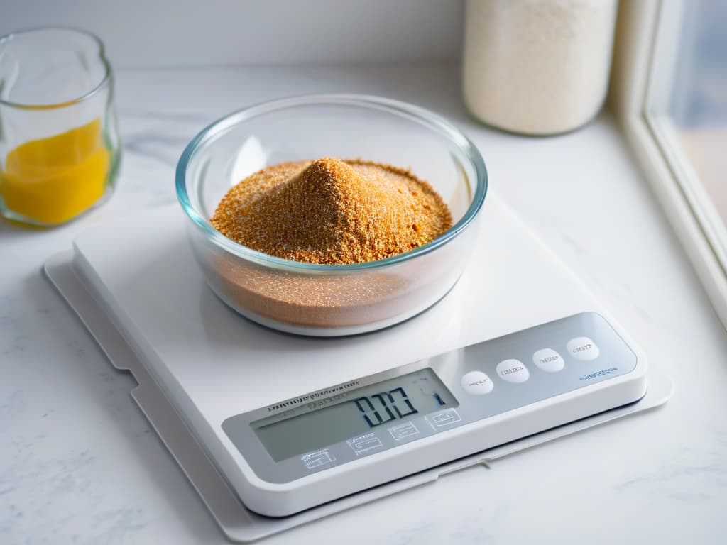  A minimalist illustration of a sleek, modern digital kitchen scale, with a large LED display showing precise measurements of various ingredients like flour, sugar, and spices. The scale is placed on a clean, white marble countertop, with soft natural light filtering in from a nearby window, casting a subtle shadow. hyperrealistic, full body, detailed clothing, highly detailed, cinematic lighting, stunningly beautiful, intricate, sharp focus, f/1. 8, 85mm, (centered image composition), (professionally color graded), ((bright soft diffused light)), volumetric fog, trending on instagram, trending on tumblr, HDR 4K, 8K