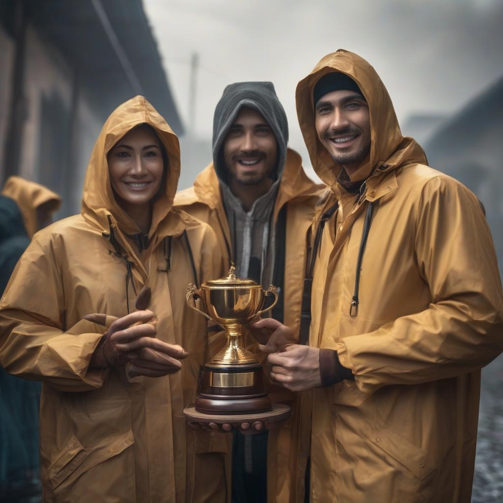  A team of several people in raincoats are happy and hold one wooden trophy cup. hyperrealistic, full body, detailed clothing, highly detailed, cinematic lighting, stunningly beautiful, intricate, sharp focus, f/1. 8, 85mm, (centered image composition), (professionally color graded), ((bright soft diffused light)), volumetric fog, trending on instagram, trending on tumblr, HDR 4K, 8K