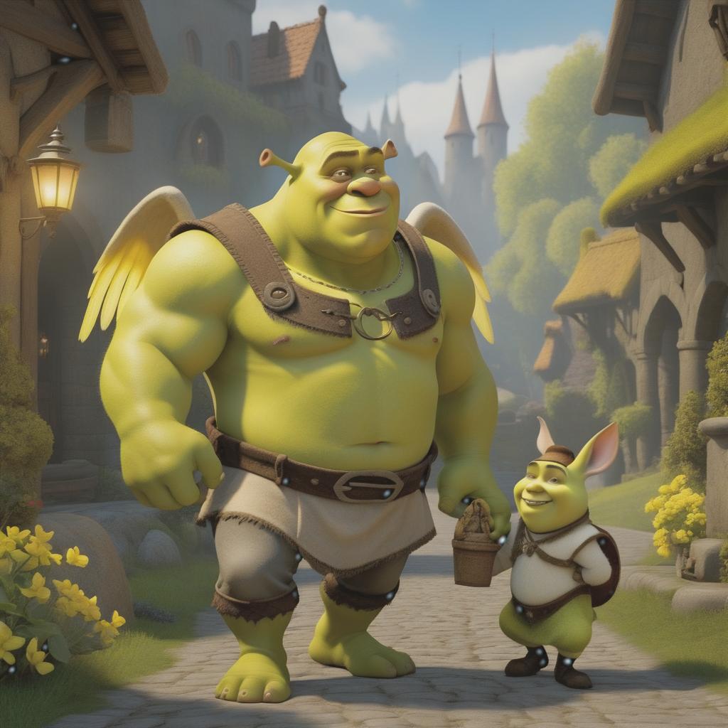  Shrek from the movie "Shrek" and Sulphur from the series "Friends with Angels" hyperrealistic, full body, detailed clothing, highly detailed, cinematic lighting, stunningly beautiful, intricate, sharp focus, f/1. 8, 85mm, (centered image composition), (professionally color graded), ((bright soft diffused light)), volumetric fog, trending on instagram, trending on tumblr, HDR 4K, 8K