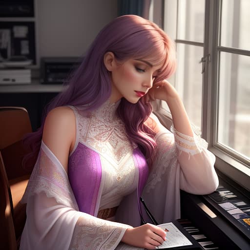  "Cover of the series 'Violetta'. A girl sits next to the music studio 'On Beat', writes her thoughts in her violet personal notebook. She cannot be seen. Signs of notes, music, love are around." Translate user prompt to English. Save punctuation. In answer should be only translation. hyperrealistic, full body, detailed clothing, highly detailed, cinematic lighting, stunningly beautiful, intricate, sharp focus, f/1. 8, 85mm, (centered image composition), (professionally color graded), ((bright soft diffused light)), volumetric fog, trending on instagram, trending on tumblr, HDR 4K, 8K