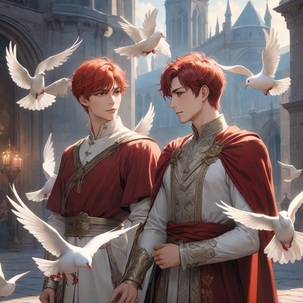  A drawing of two young males, one lower than the other, the second has red short hair, the first has silver hair, the second is taller than the first, he is holding the first by the waist, they are looking at each other tenderly, they are both wearing light classic costumes, doves fly around them. hyperrealistic, full body, detailed clothing, highly detailed, cinematic lighting, stunningly beautiful, intricate, sharp focus, f/1. 8, 85mm, (centered image composition), (professionally color graded), ((bright soft diffused light)), volumetric fog, trending on instagram, trending on tumblr, HDR 4K, 8K