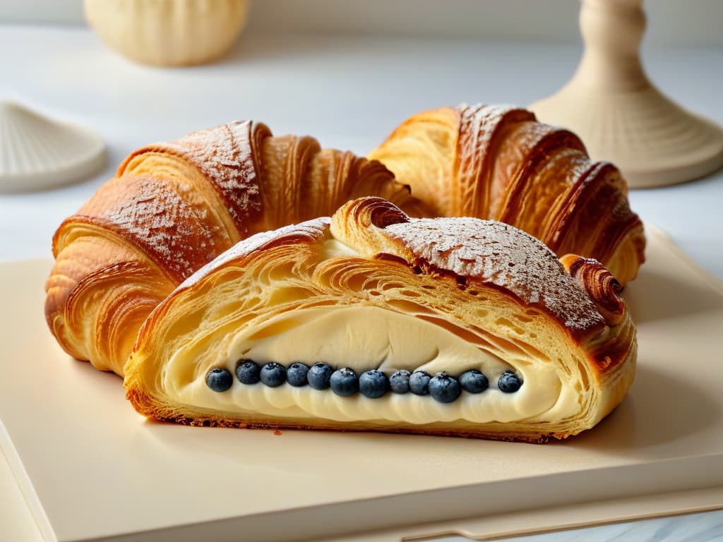  A closeup, ultradetailed image of a golden, flaky croissant split in half, showcasing the intricate layers and buttery texture inside. The layers are glistening with a light sheen, and crumbs delicately fall around the pastry, highlighting the richness and indulgence of using butter in baking. hyperrealistic, full body, detailed clothing, highly detailed, cinematic lighting, stunningly beautiful, intricate, sharp focus, f/1. 8, 85mm, (centered image composition), (professionally color graded), ((bright soft diffused light)), volumetric fog, trending on instagram, trending on tumblr, HDR 4K, 8K