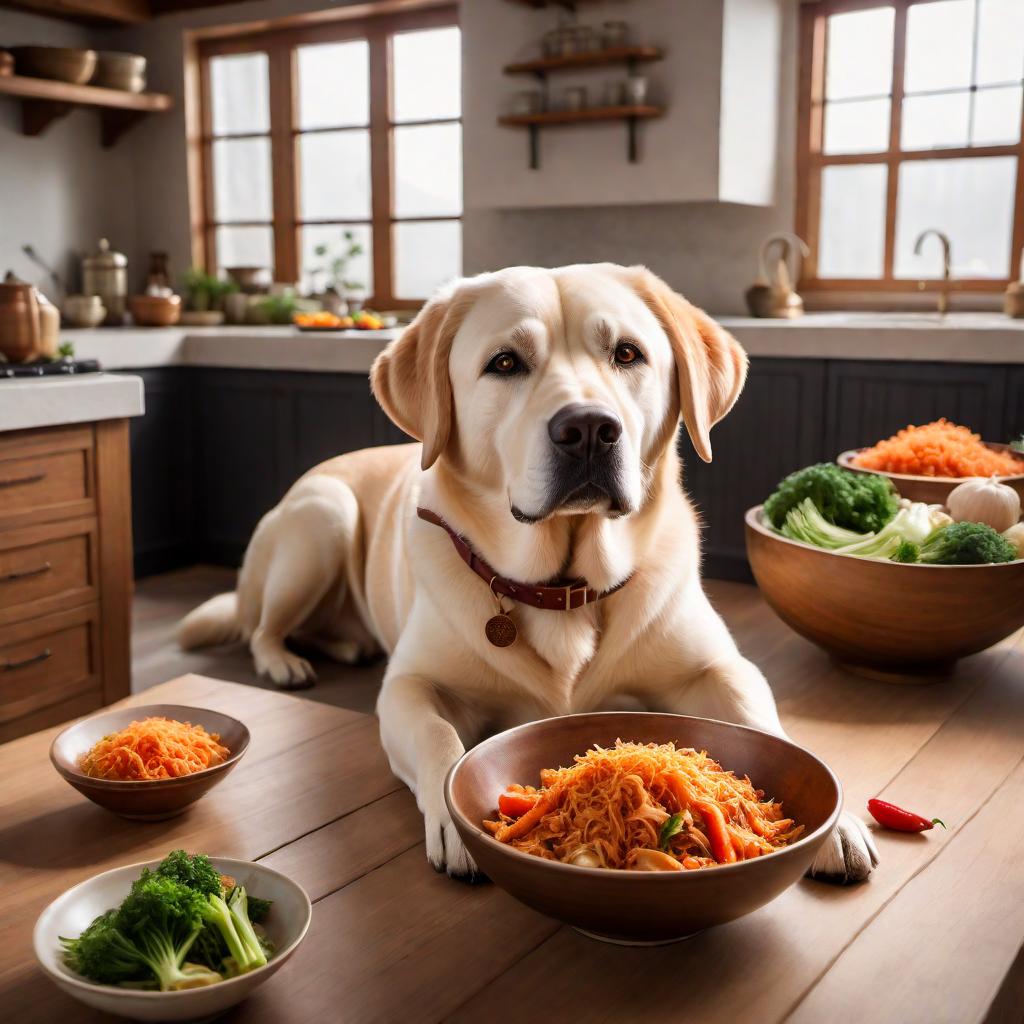  A Labrador dog sniffing a bowl of kimchi. The dog has a curious and excited expression. The kimchi looks fresh and red, full of different vegetables like cabbage and carrots, and it's served in a traditional Korean dish. The setting is a cozy home kitchen, with warm lighting that casts a comfortable glow on the scene. hyperrealistic, full body, detailed clothing, highly detailed, cinematic lighting, stunningly beautiful, intricate, sharp focus, f/1. 8, 85mm, (centered image composition), (professionally color graded), ((bright soft diffused light)), volumetric fog, trending on instagram, trending on tumblr, HDR 4K, 8K