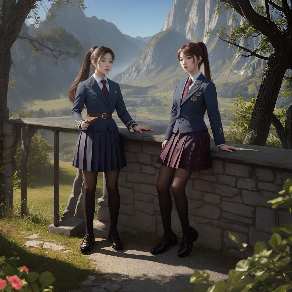  masterpiece, best quality, (fidelity:1.4), best quality, masterpiece, ultra high resolution, poster, fantasy art, very detailed faces,8k resolution, three women, hand held head, ponytail, school uniform, realistic, asian, squat, full body shot