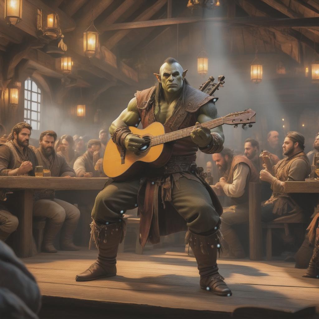  concept art A half orc bard performs on stage in a crowded tavern. Back metal. Low angle. Dramatic light. . digital artwork, illustrative, painterly, matte painting, highly detailed hyperrealistic, full body, detailed clothing, highly detailed, cinematic lighting, stunningly beautiful, intricate, sharp focus, f/1. 8, 85mm, (centered image composition), (professionally color graded), ((bright soft diffused light)), volumetric fog, trending on instagram, trending on tumblr, HDR 4K, 8K