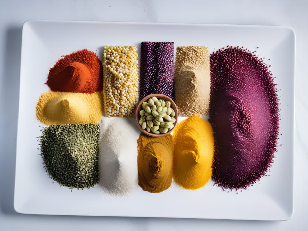  An ultradetailed, highresolution image of a colorful array of quinoa, amaranth, maca, and purple corn beautifully arranged on a sleek, white marble surface. Each superfood is showcased in its raw form, highlighting their unique textures, shapes, and vibrant hues. The natural lighting illuminates the scene, casting soft shadows and creating a visually striking composition that exudes freshness and healthfulness. hyperrealistic, full body, detailed clothing, highly detailed, cinematic lighting, stunningly beautiful, intricate, sharp focus, f/1. 8, 85mm, (centered image composition), (professionally color graded), ((bright soft diffused light)), volumetric fog, trending on instagram, trending on tumblr, HDR 4K, 8K