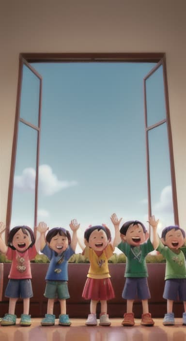  {A heartwarming scene of all the children waving goodbye with happy expressions., Children waving with wide smiles, looking grateful and content.