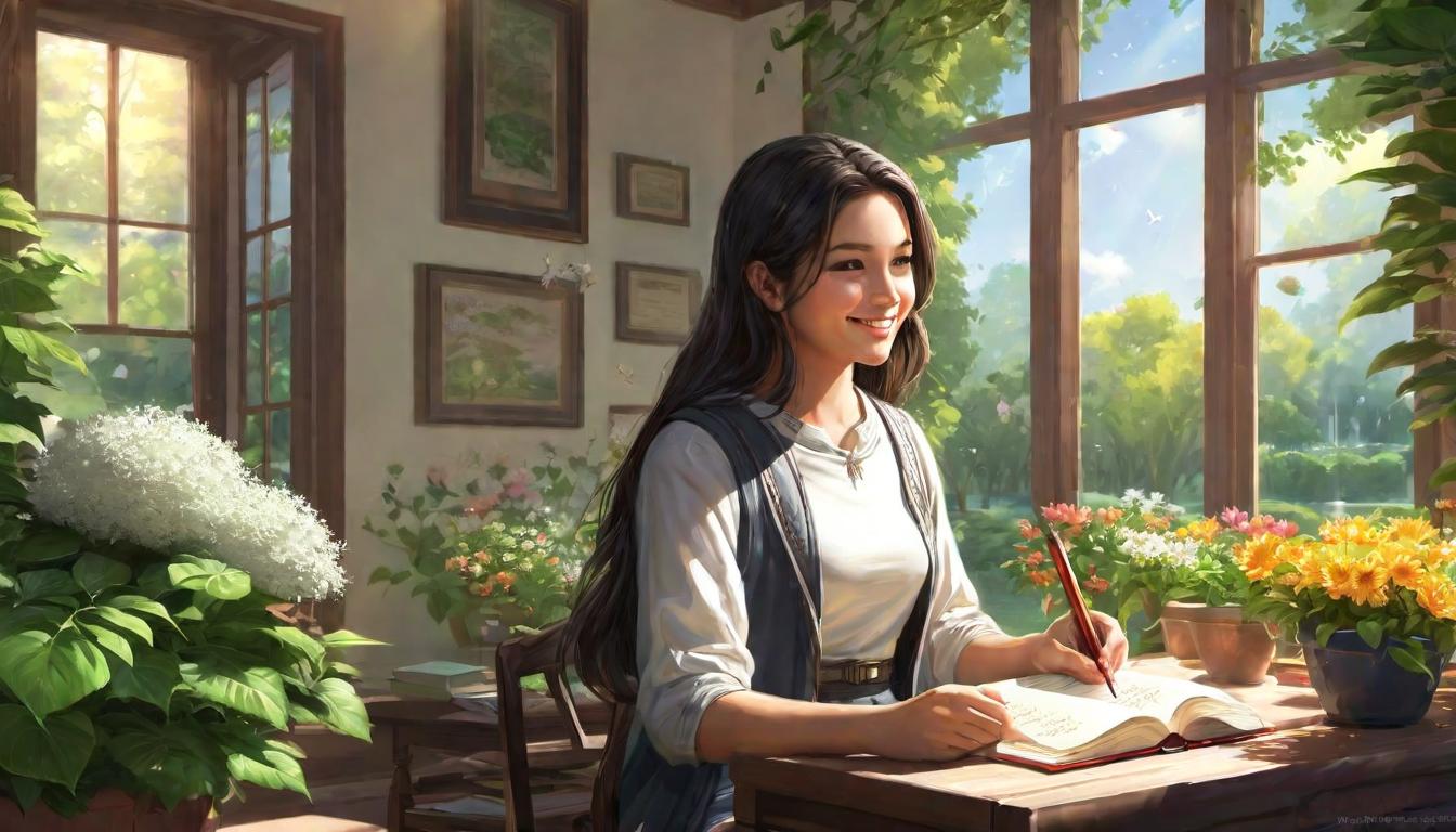  digital illustration, 1person, writing in a journal with a serene smile, seated at a desk with a view of a garden, sunlight filtering through the window, surrounding plants and flowers, balanced thoughts, constructive, looking at viewer, dynamic pose, (intricate details, masterpiece, best quality)