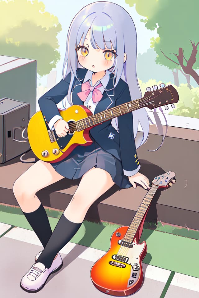  High school girl, mini character, cute, electric guitar, long hair, uniform, sitting, sitting on a cat, cats, sitting on the ground