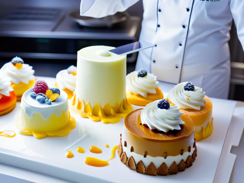  An ultradetailed 8k image showcasing a futuristic pastry chef using a hightech 3D food printer to create intricate and innovative dessert designs. The chef is wearing a pristine white uniform with a sleek digital interface projected in front of them, displaying various dessert options. The printer is in action, meticulously crafting a delicate sugar sculpture, surrounded by a mesmerizing array of colorful edible decorations and ingredients. The background features a modern pastry kitchen with stateoftheart equipment and a bustling, highenergy atmosphere. This image captures the perfect blend of technology, creativity, and culinary artistry, inspiring readers to envision the exciting possibilities of revolutionizing pastry making with 3D pri hyperrealistic, full body, detailed clothing, highly detailed, cinematic lighting, stunningly beautiful, intricate, sharp focus, f/1. 8, 85mm, (centered image composition), (professionally color graded), ((bright soft diffused light)), volumetric fog, trending on instagram, trending on tumblr, HDR 4K, 8K