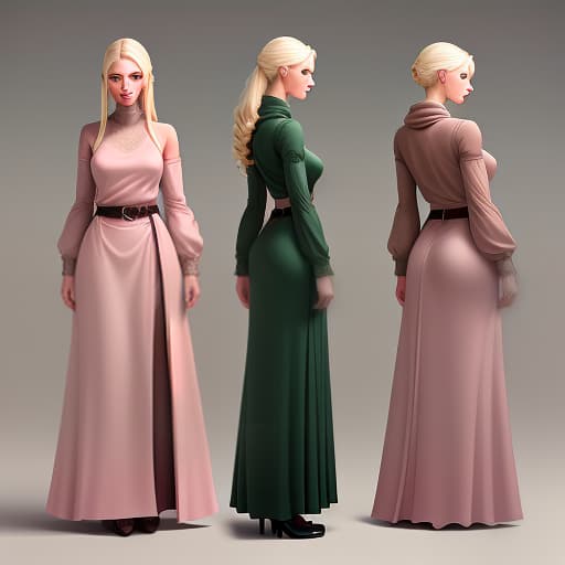  A character, front, side and back view, concept art, a young with short blond white hair, dark brown eyes, and a detached expression. a pink lightweight sweatshirt with loose sleeves, a dark green floor length with pleats, a brown belt bag, green herbs in her hands. fantasy, super detailed clothes, super detailed face, realism, concept art hyperrealistic, full body, detailed clothing, highly detailed, cinematic lighting, stunningly beautiful, intricate, sharp focus, f/1. 8, 85mm, (centered image composition), (professionally color graded), ((bright soft diffused light)), volumetric fog, trending on instagram, trending on tumblr, HDR 4K, 8K