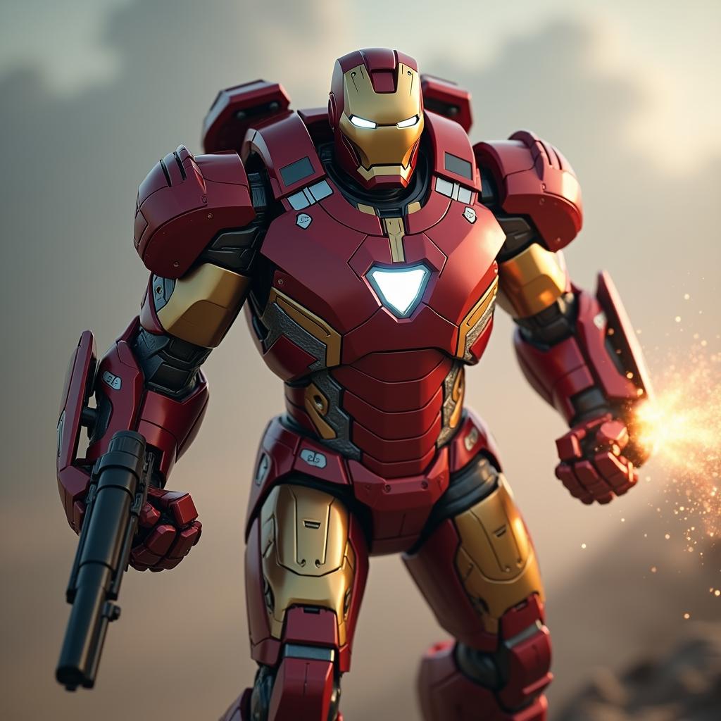  ironman wth hulkbuster, firing gun. hyperrealistic, full body, detailed clothing, highly detailed, cinematic lighting, stunningly beautiful, intricate, sharp focus, f/1. 8, 85mm, (centered image composition), (professionally color graded), ((bright soft diffused light)), volumetric fog, trending on instagram, trending on tumblr, HDR 4K, 8K