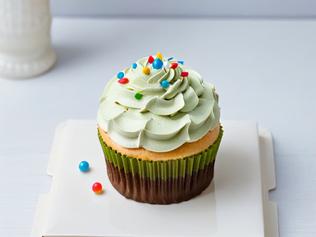  A highresolution, minimalist image of a beautifully decorated cupcake with intricate frosting details, set against a clean, white background. The cupcake should be elegantly topped with colorful sprinkles and edible pearls, showcasing the artistry and craftsmanship involved in creating small culinary delights. The image should exude a sense of professionalism and inspire viewers to explore online certifications in pastry and cupcake making. hyperrealistic, full body, detailed clothing, highly detailed, cinematic lighting, stunningly beautiful, intricate, sharp focus, f/1. 8, 85mm, (centered image composition), (professionally color graded), ((bright soft diffused light)), volumetric fog, trending on instagram, trending on tumblr, HDR 4K, 8K