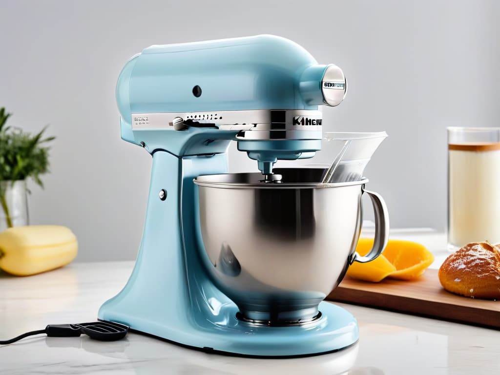  A closeup, ultradetailed image of a sleek, modern stand mixer in a pristine white kitchen setting. The mixer's smooth curves and shiny metallic accents catch the light, emphasizing its highquality craftsmanship. The countertop is immaculately clean, with scattered flour dust adding a touch of realism to the scene. The overall aesthetic is minimalist and elegant, highlighting the beauty and functionality of the stand mixer as the perfect tool for creating delicious sweet treats. hyperrealistic, full body, detailed clothing, highly detailed, cinematic lighting, stunningly beautiful, intricate, sharp focus, f/1. 8, 85mm, (centered image composition), (professionally color graded), ((bright soft diffused light)), volumetric fog, trending on instagram, trending on tumblr, HDR 4K, 8K