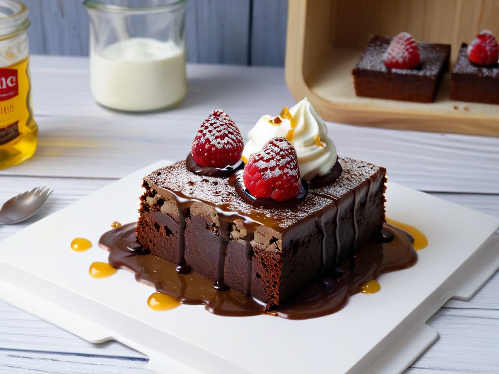  An ultradetailed, photorealistic image of a beautifully plated chocolate protein brownie topped with a dollop of Greek yogurt, fresh raspberries, and a drizzle of honey, set on a rustic wooden table with a sleek modern kitchen in the background. The brownie is perfectly moist and rich, with visible chunks of dark chocolate and nuts, exuding a tempting aroma and inviting the viewer to indulge in its guiltfree goodness. The lighting is soft and natural, casting gentle shadows that enhance the texture and colors of the dessert, making it a mouthwatering centerpiece that perfectly complements the article on healthy protein desserts. hyperrealistic, full body, detailed clothing, highly detailed, cinematic lighting, stunningly beautiful, intricate, sharp focus, f/1. 8, 85mm, (centered image composition), (professionally color graded), ((bright soft diffused light)), volumetric fog, trending on instagram, trending on tumblr, HDR 4K, 8K