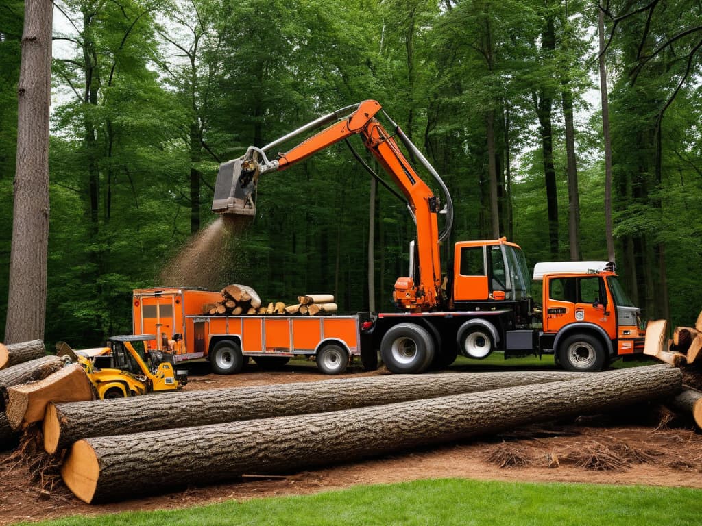  Generate realistic images depicting tree removal services. Show a team of workers equipped with safety gear operating machinery such as chainsaws and wood chippers. Include trucks or trailers for hauling away debris. Depict various types of trees being removed, from small to large, and show the area both before and after removal. Emphasize professionalism, safety, and environmental responsibility. Scenes should be set outdoors, possibly in residential or wooded environments.