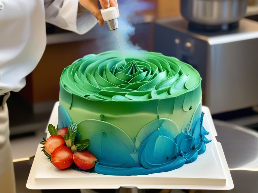  A closeup, ultradetailed image of a skilled pastry chef using an airbrush to delicately spray vibrant colors onto a beautifully intricate cake. The chef's hands are in focus, showcasing precision and expertise as the colorful mist gently envelops the cake, creating a mesmerizing masterpiece. The backdrop is a clean, professional kitchen setting with various baking tools subtly visible in the background, adding to the ambiance of creativity and skill in the art of aerography in pastry making. hyperrealistic, full body, detailed clothing, highly detailed, cinematic lighting, stunningly beautiful, intricate, sharp focus, f/1. 8, 85mm, (centered image composition), (professionally color graded), ((bright soft diffused light)), volumetric fog, trending on instagram, trending on tumblr, HDR 4K, 8K