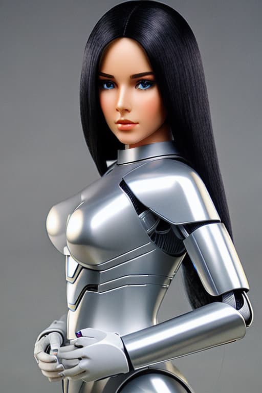  Full figure of a ((AI) android woman)) with long, black hair and (silver blue) eyes, standing confidently. transparent background.