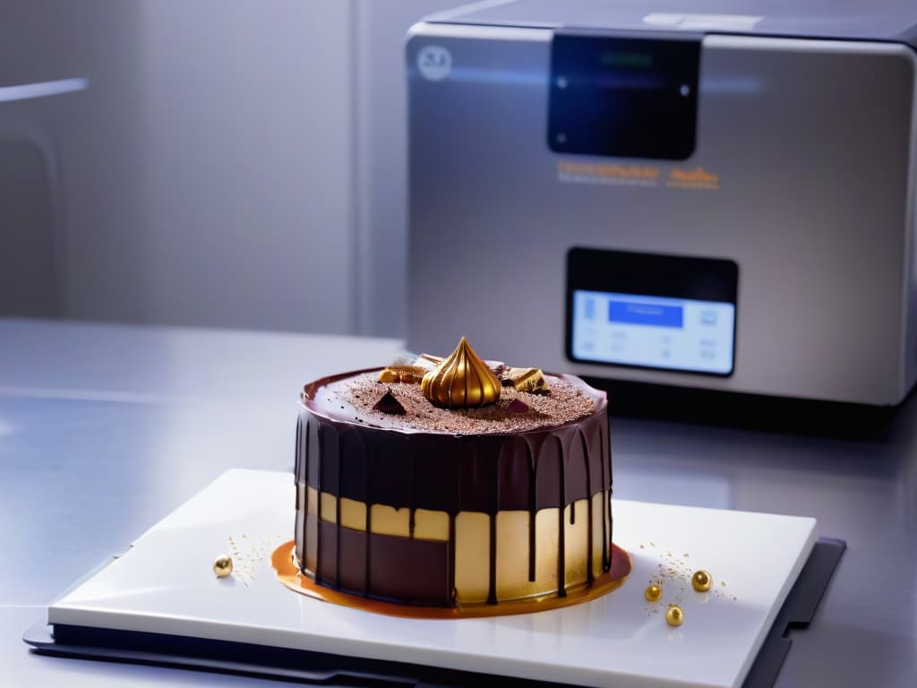  A mesmerizing and photorealistic image of a futuristic dessert 3D printer in action, showcasing intricate layers of chocolate, caramel, and edible gold dust being delicately crafted into an elaborate and visually stunning dessert masterpiece. The scene is set in a sleek, modern kitchen with ambient lighting that highlights the precision and artistry of the 3D printing process, creating a captivating visual representation of the intersection between technology, culinary arts, and sustainability. hyperrealistic, full body, detailed clothing, highly detailed, cinematic lighting, stunningly beautiful, intricate, sharp focus, f/1. 8, 85mm, (centered image composition), (professionally color graded), ((bright soft diffused light)), volumetric fog, trending on instagram, trending on tumblr, HDR 4K, 8K