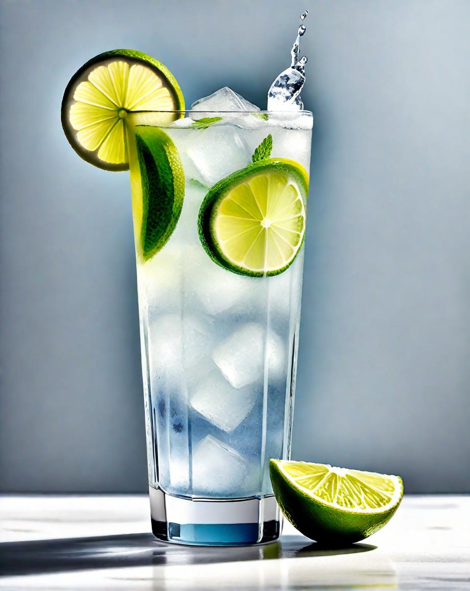  A beautiful, artistic watercolor painting of a gin and tonic, on a white background. The drink is served in a tall, slender glass with ice cubes and a slice of lime. The painting should focus solely on the glass and its contents, emphasizing the clarity and refreshing look of the ice and lime in the glass. The style should remain light and airy with delicate brush strokes, highlighting the drink's appealing aesthetics.