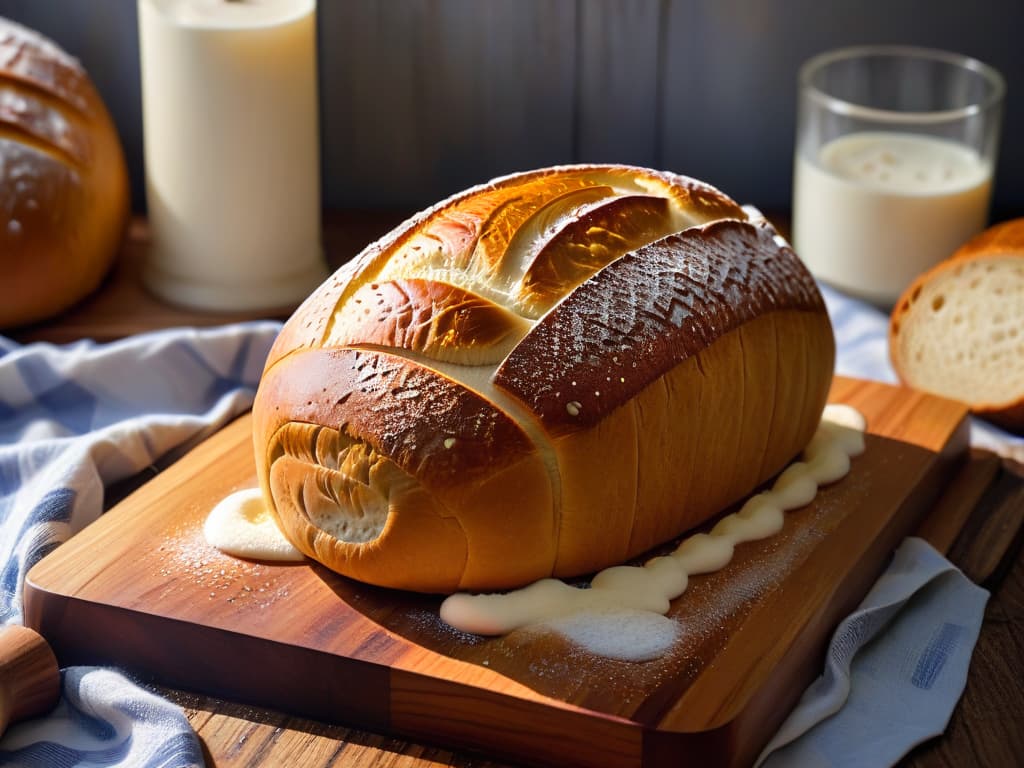  A closeup, ultradetailed image of a perfectly goldenbrown artisan loaf of bread, freshly baked, with a delicate dusting of flour on its crust, resting on a rustic wooden cutting board. The bread's texture is visible, showcasing the intricate patterns created by the fermentation process, capturing the essence of artisanal breadmaking. hyperrealistic, full body, detailed clothing, highly detailed, cinematic lighting, stunningly beautiful, intricate, sharp focus, f/1. 8, 85mm, (centered image composition), (professionally color graded), ((bright soft diffused light)), volumetric fog, trending on instagram, trending on tumblr, HDR 4K, 8K