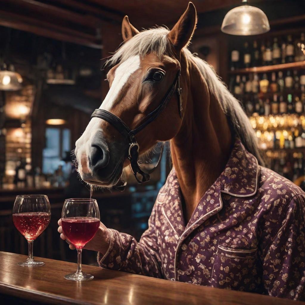 a horse in pajamas drinks wine in a bar, cute, hyper detail, full HD hyperrealistic, full body, detailed clothing, highly detailed, cinematic lighting, stunningly beautiful, intricate, sharp focus, f/1. 8, 85mm, (centered image composition), (professionally color graded), ((bright soft diffused light)), volumetric fog, trending on instagram, trending on tumblr, HDR 4K, 8K