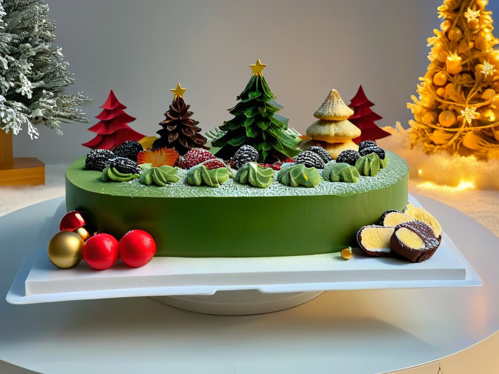  A minimalist and elegant image of a beautifully decorated Christmas dessert table featuring a variety of innovative and unique holiday desserts from around the world. The table is adorned with modern accents like sleek plating, delicate garnishes, and artistic presentations of desserts such as French Yule log, Italian panettone, Mexican buñuelos, and Japanese matcha tiramisu. The color scheme is sophisticated with a focus on muted tones like deep greens, rich reds, and shimmering golds, creating a visually stunning and inspiring holiday spread. hyperrealistic, full body, detailed clothing, highly detailed, cinematic lighting, stunningly beautiful, intricate, sharp focus, f/1. 8, 85mm, (centered image composition), (professionally color graded), ((bright soft diffused light)), volumetric fog, trending on instagram, trending on tumblr, HDR 4K, 8K