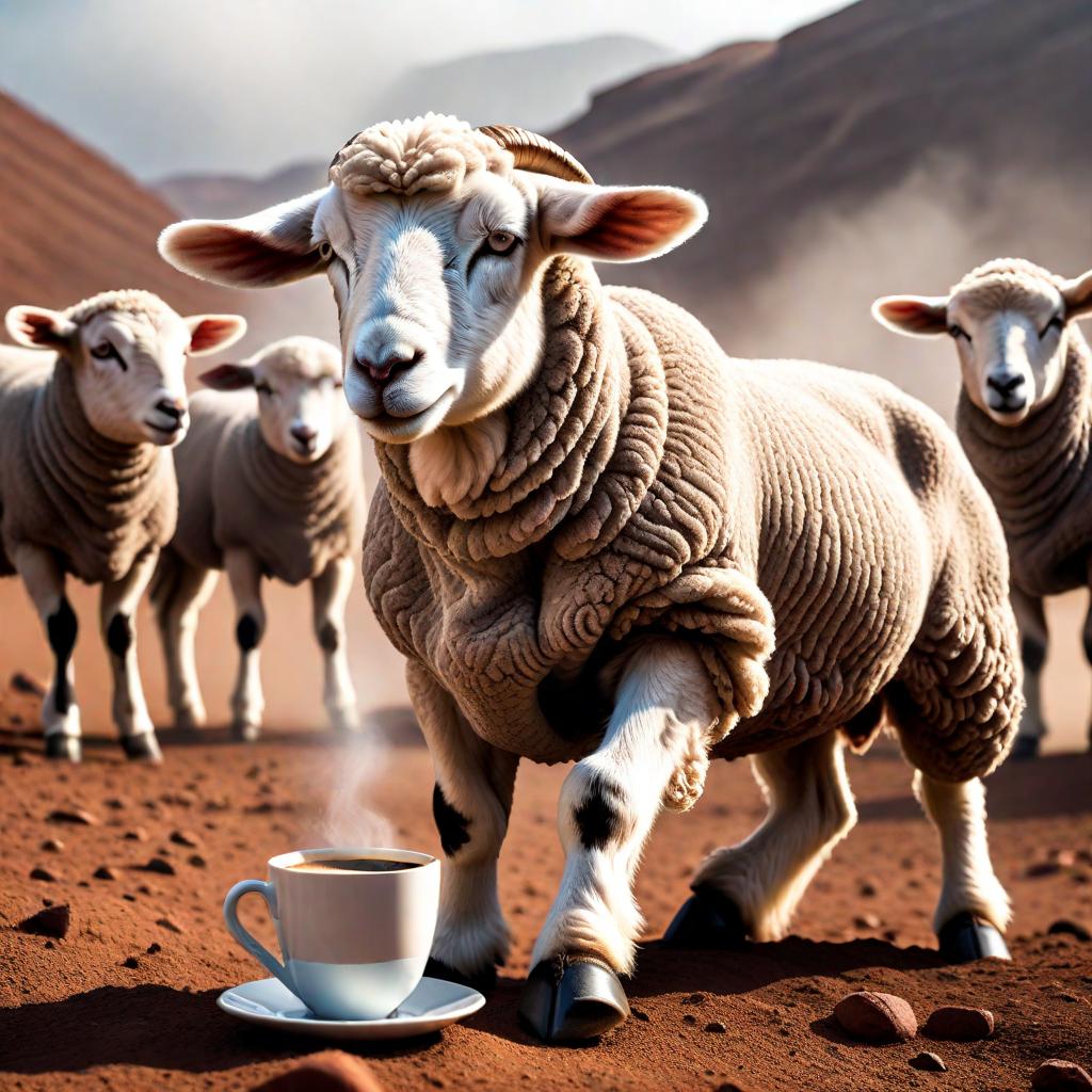  The lamb is drinking coffee in Mars hyperrealistic, full body, detailed clothing, highly detailed, cinematic lighting, stunningly beautiful, intricate, sharp focus, f/1. 8, 85mm, (centered image composition), (professionally color graded), ((bright soft diffused light)), volumetric fog, trending on instagram, trending on tumblr, HDR 4K, 8K