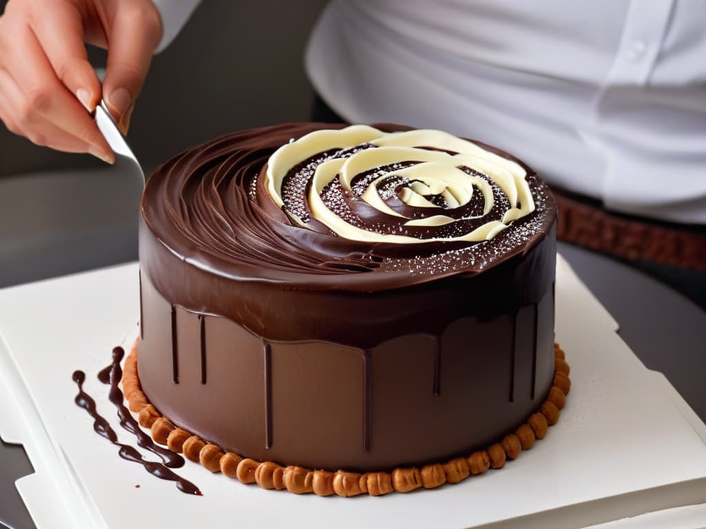  A closeup, ultradetailed image of a delicately textured chocolate ganache being meticulously spread over a perfectly smooth cake surface. The ganache appears glossy and rich, with intricate swirls and peaks that showcase the expertise and precision of the pastry chef. The image captures the moment of transformation as the cake is elevated into a decadent dessert masterpiece, inviting viewers to appreciate the artistry and skill behind each carefully executed technique. hyperrealistic, full body, detailed clothing, highly detailed, cinematic lighting, stunningly beautiful, intricate, sharp focus, f/1. 8, 85mm, (centered image composition), (professionally color graded), ((bright soft diffused light)), volumetric fog, trending on instagram, trending on tumblr, HDR 4K, 8K