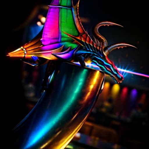  dragon gangster goddess, bartender, multicolor metallic leather, tattoos, spaceship psychedelic bar, sassy , Highly defined, highly detailed, sharp focus, (centered image composition), 4K, 8K