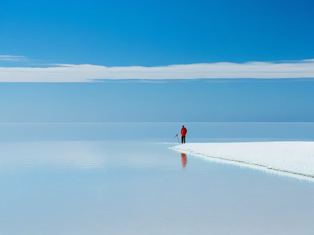  A serene, minimalist image of a vast, shimmering sea under a clear blue sky, with a solitary figure in the distance collecting salt crystals from shallow waters, perfectly capturing the essence of harvesting sea salt. hyperrealistic, full body, detailed clothing, highly detailed, cinematic lighting, stunningly beautiful, intricate, sharp focus, f/1. 8, 85mm, (centered image composition), (professionally color graded), ((bright soft diffused light)), volumetric fog, trending on instagram, trending on tumblr, HDR 4K, 8K