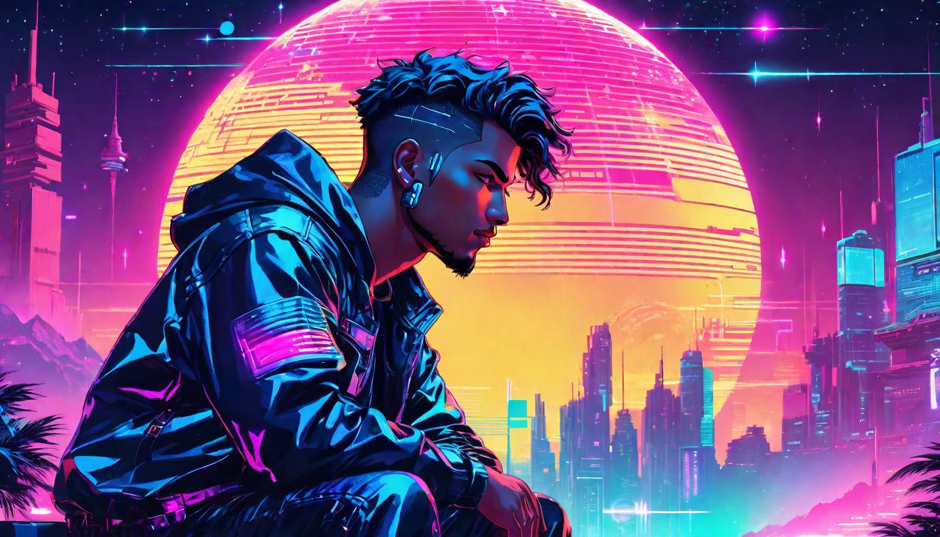  vaporwave,cyberpunk game style Person sitting in thoughtful pose, glowing aura, serene expression, backdrop of twinkling starseon, dystopian, futuristic, digital, vibrant, detailed, high contrast, reminiscent of cyberpunk genre video games,retro aesthetic, cyberpunk, vibrant, neon colors, vintage 80s and 90s style, highly detailed