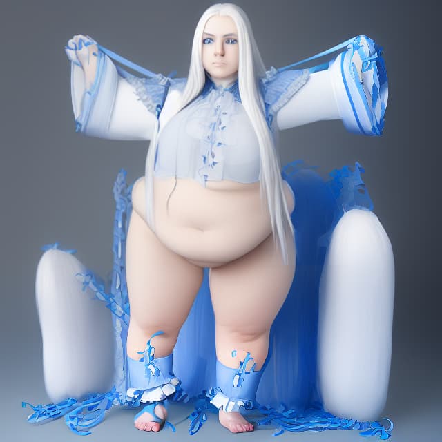  Long white hair, blue eyes, young girl, huge, fat, realistic