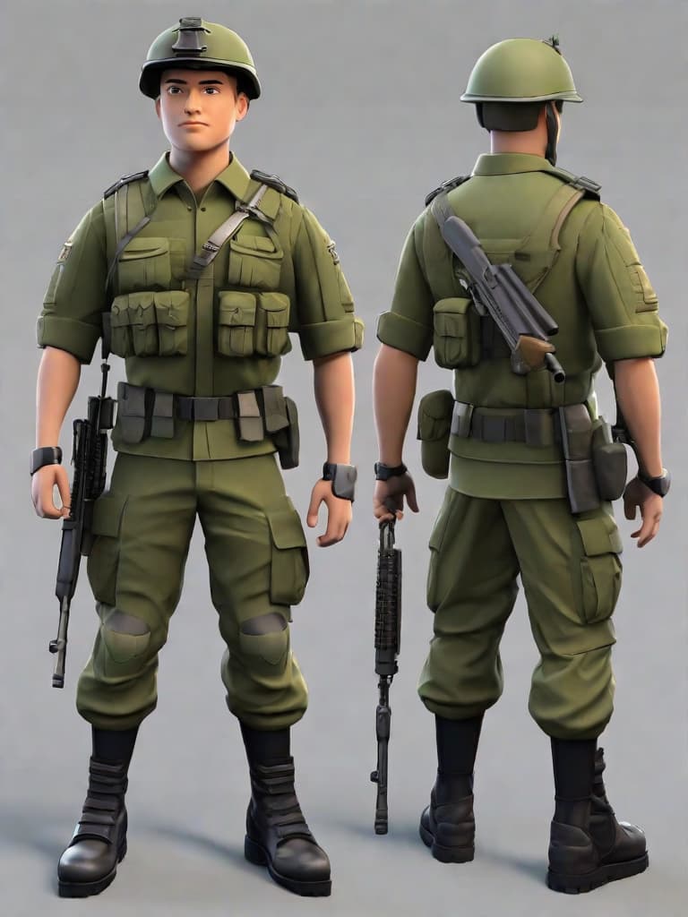  masterpiece, best quality, Soldier, military uniform, low-poly (2.5), character for a 3d platformer game, full-length