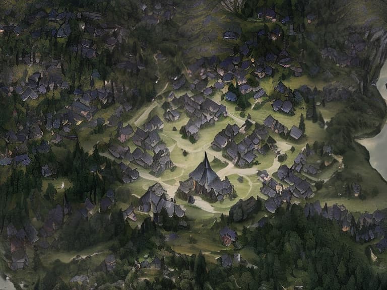  Medieval era, map, village hidden in the forest, a village surrounded by walls, in the center of the village stands a stone church, a dense forest, a stream nearby, a gloomy atmosphere, high detail, double post processing, full HD., Overland fantasy woodland map, such as a map, a font that is modern and easy to read hyperrealistic, full body, detailed clothing, highly detailed, cinematic lighting, stunningly beautiful, intricate, sharp focus, f/1. 8, 85mm, (centered image composition), (professionally color graded), ((bright soft diffused light)), volumetric fog, trending on instagram, trending on tumblr, HDR 4K, 8K