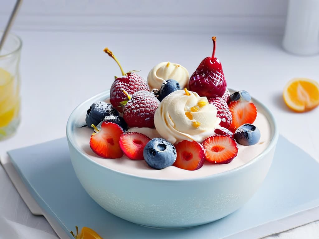  A closeup, ultradetailed image of a swirl of creamy homemade yogurt ice cream topped with vibrant mixed berries and a sprinkle of granola, served in a sleek, modern bowl with a minimalist design. The rich, creamy texture of the frozen treat contrasts beautifully with the bright colors of the fresh fruits, creating an enticing visual feast that perfectly embodies the guiltfree indulgence of homemade yogurt and fruit ice cream. hyperrealistic, full body, detailed clothing, highly detailed, cinematic lighting, stunningly beautiful, intricate, sharp focus, f/1. 8, 85mm, (centered image composition), (professionally color graded), ((bright soft diffused light)), volumetric fog, trending on instagram, trending on tumblr, HDR 4K, 8K