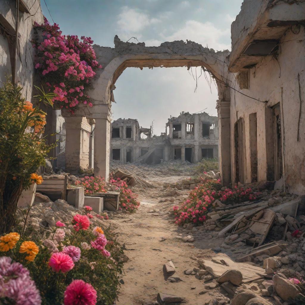  A picture of Gaza showing destroyed buildings and ruins from the war. Despite the destruction, colorful spring flowers are blooming everywhere, and trees are starting to green. There is a sense of hope and renewal amidst the ruins. hyperrealistic, full body, detailed clothing, highly detailed, cinematic lighting, stunningly beautiful, intricate, sharp focus, f/1. 8, 85mm, (centered image composition), (professionally color graded), ((bright soft diffused light)), volumetric fog, trending on instagram, trending on tumblr, HDR 4K, 8K