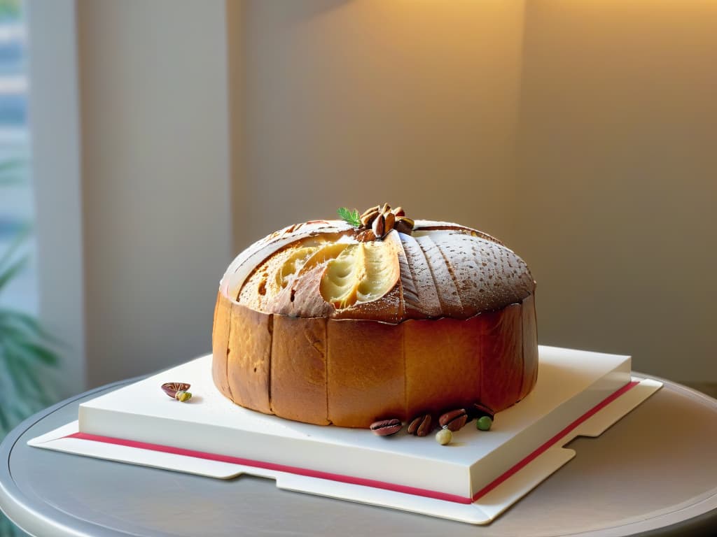  A closeup, ultradetailed image of freshly baked Panettone with a goldenbrown crust, showing the intricate patterns on its domed top, studded with candied fruits and nuts. The texture of the bread should be visible, displaying a light and airy crumb structure. The background is softly blurred to keep the focus solely on the Panettone, highlighting its homemade charm and artisanal appeal. hyperrealistic, full body, detailed clothing, highly detailed, cinematic lighting, stunningly beautiful, intricate, sharp focus, f/1. 8, 85mm, (centered image composition), (professionally color graded), ((bright soft diffused light)), volumetric fog, trending on instagram, trending on tumblr, HDR 4K, 8K