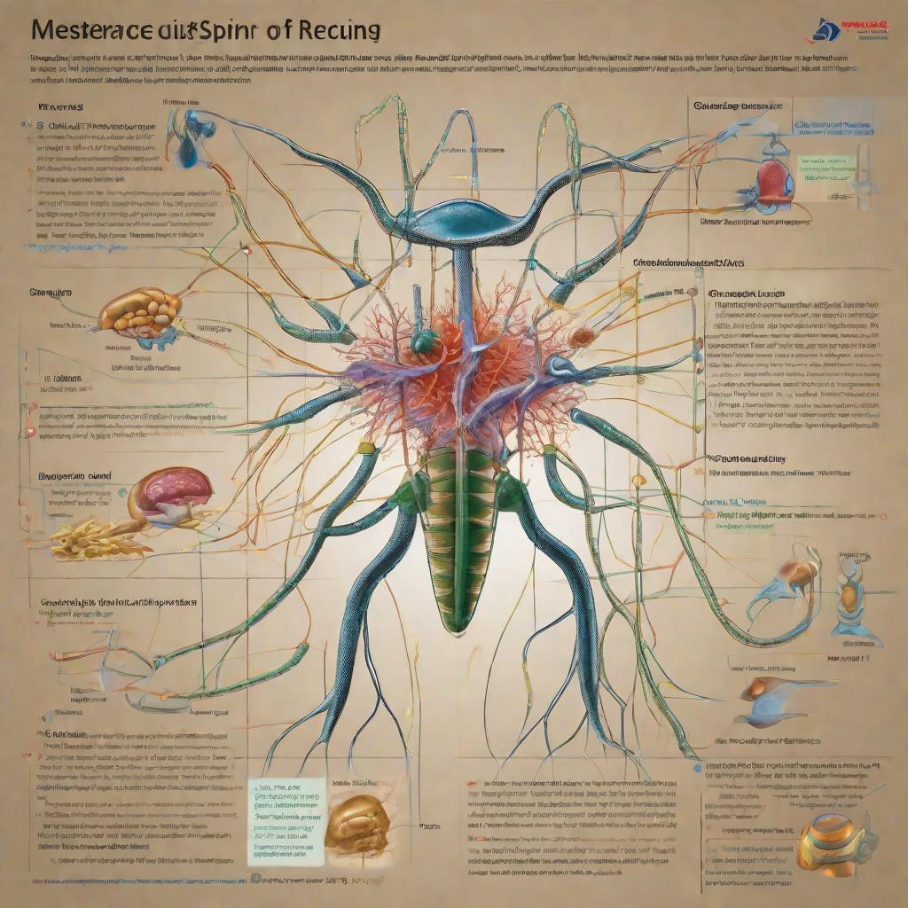  masterpiece, best quality,Draw a picture to illustrate the following: Nerve injury activates many different types of DRG neurons, which release excitatory transmitter glutamate into the dorsal horn of the spinal cord. Glutamate acts on glutamate receptors of nociceptive neurons in the dorsal horn of spinal cord, including α-amino-3-hydroxy-5-methyl-4-isoxazolepropionic acid (AMPA) receptor and N-methyl-D-aspartic acid (NMDA) receptor, and induces plastic changes in nociceptive synaptic transmission, resulting in amplification of nociceptive signals, so that slight non-nociceptive stimulation can also induce significant pain. Nerve injury can weaken the function of inhibitory neurons, resulting in a significant increase in the activity of