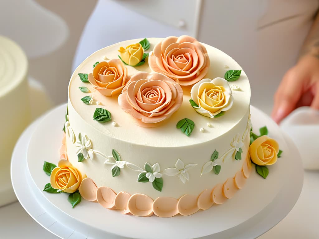  A closeup, highresolution image of a skilled pastry chef delicately sculpting intricate fondant roses with precise detail, showcasing advanced cake decorating techniques. The background is a soft focus to emphasize the artistry and dedication required for this refined culinary craft. The color palette is elegant and muted, highlighting the finesse and sophistication of fondant decoration in modern pastry design. hyperrealistic, full body, detailed clothing, highly detailed, cinematic lighting, stunningly beautiful, intricate, sharp focus, f/1. 8, 85mm, (centered image composition), (professionally color graded), ((bright soft diffused light)), volumetric fog, trending on instagram, trending on tumblr, HDR 4K, 8K