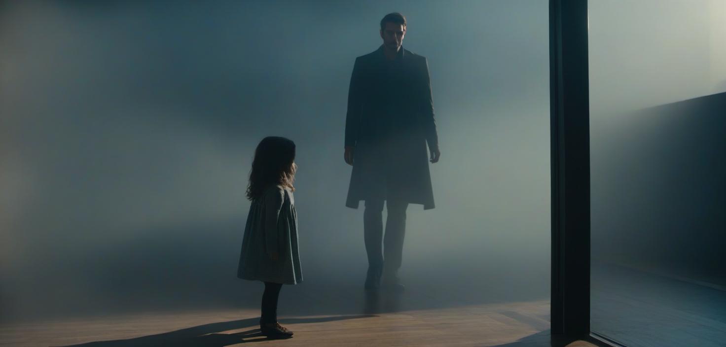  A girl stands with her back to the door, in the background there is a silhouette of a man. hyperrealistic, full body, detailed clothing, highly detailed, cinematic lighting, stunningly beautiful, intricate, sharp focus, f/1. 8, 85mm, (centered image composition), (professionally color graded), ((bright soft diffused light)), volumetric fog, trending on instagram, trending on tumblr, HDR 4K, 8K