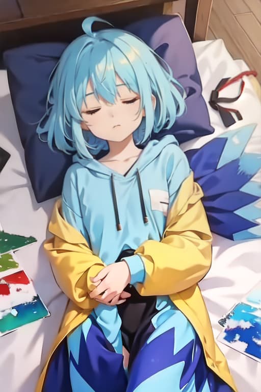  Cirno in a sleeping bag, watercolor painting