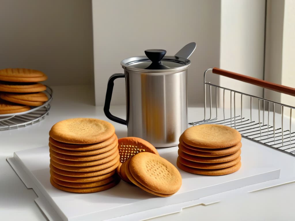  An 8k ultradetailed image of a sleek, minimalist kitchen countertop with a highquality stainless steel flour sifter, a fine mesh sieve, and a woodenhandled dough scraper neatly arranged next to a stack of freshly baked golden brown cookies cooling on a wire rack. The sunlight streaming in through a nearby window casts a soft, warm glow on the scene, highlighting the precision and care that goes into the baking process. hyperrealistic, full body, detailed clothing, highly detailed, cinematic lighting, stunningly beautiful, intricate, sharp focus, f/1. 8, 85mm, (centered image composition), (professionally color graded), ((bright soft diffused light)), volumetric fog, trending on instagram, trending on tumblr, HDR 4K, 8K