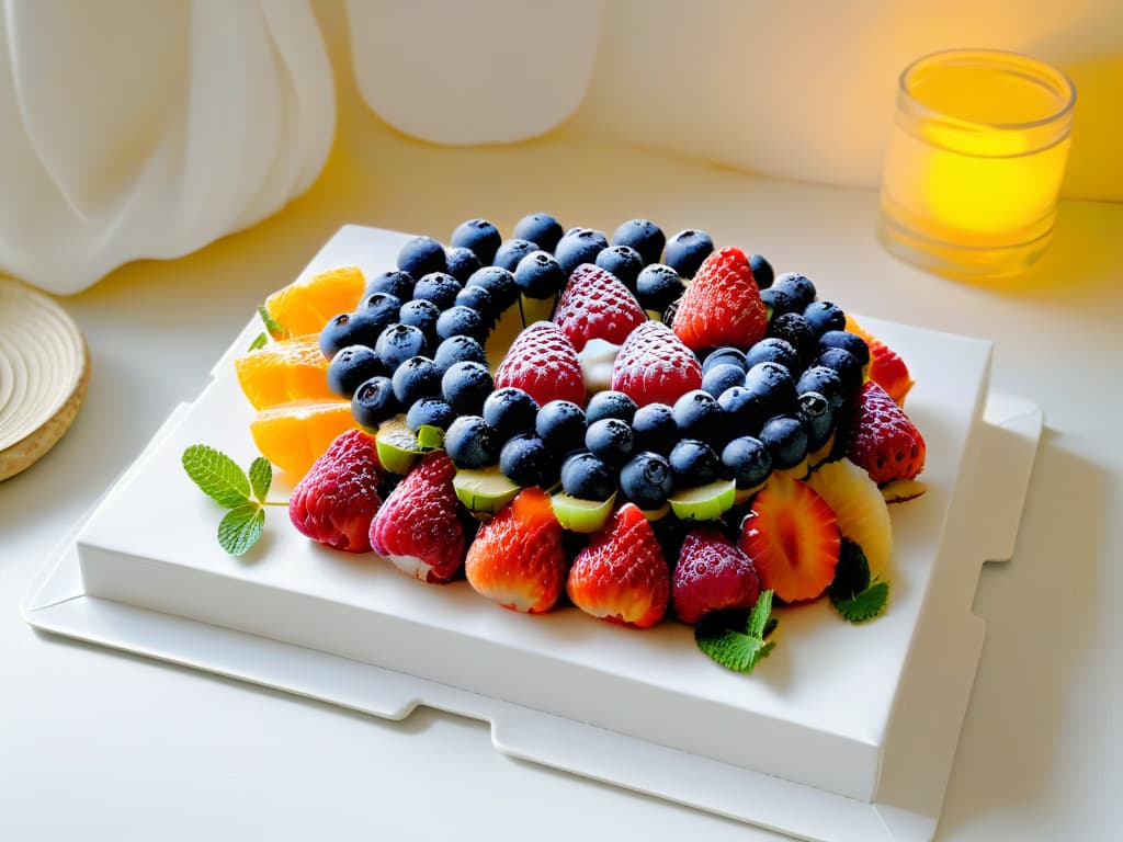  A photorealistic image of a beautifully arranged fruit platter with a variety of colorful fruits such as strawberries, blueberries, raspberries, kiwi, and oranges, all artfully displayed on a sleek white platter, garnished with fresh mint leaves for a vibrant and healthy dessert option rich in fiber. hyperrealistic, full body, detailed clothing, highly detailed, cinematic lighting, stunningly beautiful, intricate, sharp focus, f/1. 8, 85mm, (centered image composition), (professionally color graded), ((bright soft diffused light)), volumetric fog, trending on instagram, trending on tumblr, HDR 4K, 8K