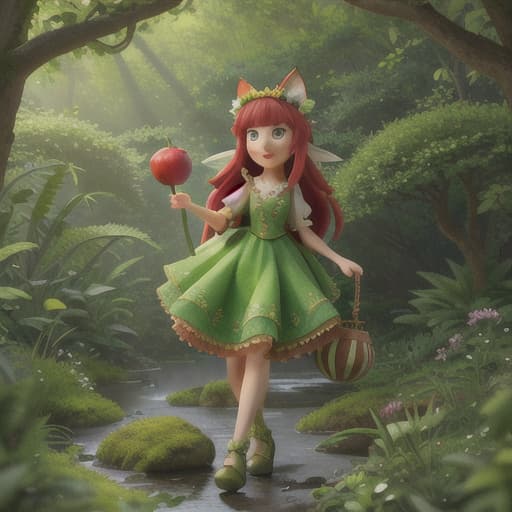  "Generate an image that prominently features a lush, green world in a fantasy style. This world should be filled with various elements all coloured in green such as butterflies, birds, and a river. In the focal point of the image, portray Sarah, the cat, and Eileen, the fox, with expressions of surprise and wonder. Their physical attributes are open to interpretation but should reflect characteristics of cunning and craftiness for Sarah, and cleverness and cautiousness for Eileen. Scattered around them, include small, mystical beings interpreted as fruit fairies, with an inclination towards green hues. These fairies should look like they are guiding Sarah and Eileen. Also ensure the inclusion of a bright green apple and a hand-drawn map as  hyperrealistic, full body, detailed clothing, highly detailed, cinematic lighting, stunningly beautiful, intricate, sharp focus, f/1. 8, 85mm, (centered image composition), (professionally color graded), ((bright soft diffused light)), volumetric fog, trending on instagram, trending on tumblr, HDR 4K, 8K