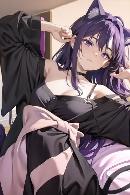   with cat ears, purple shoulder long hair, big purple eyes, in black dress like pajamas, lying pose resting on the elbows with the above the head, view from the front slightly from below