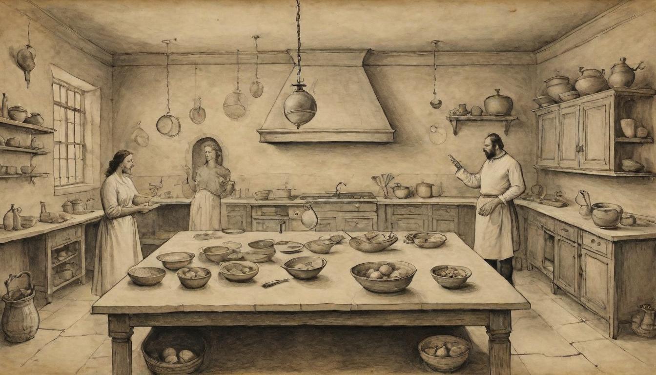  on parchment, surrealism++, A kitchen scene, person casually suggesting a change of plans, undertone of control in the actions, subtle power dynamics(mysterious, provocative, symbolic)++